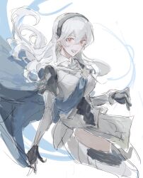 1girl armor black_gloves black_hairband blue_cloak breasts brinaa_sama cloak female_corrin_(fire_emblem) fire_emblem fire_emblem_fates gloves hair_between_eyes hairband highres long_hair looking_at_viewer nintendo open_mouth pointy_ears red_eyes simple_background sitting sketch smile white_background white_hair