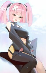 1girl :d absurdres belt between_legs cloud commentary_request coral_(pokemon) day eyelashes fang gen_3_pokemon glalie hand_between_legs happy highres looking_at_viewer nintendo off-shoulder_shirt off_shoulder open_mouth outdoors pantyhose pink_hair pokemon pokemon_(anime) pokemon_(creature) pokemon_horizons riding riding_pokemon shirt sitting skirt sky smile solo twintails wonjang yellow_belt
