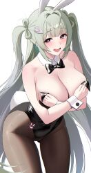 1girl animal_ears antenna_hair black_bow black_bowtie black_leotard black_pantyhose bow bow-shaped_hair bowtie breasts cleavage commentary covering_breasts covering_privates crossed_arms fake_animal_ears fake_tail goddess_of_victory:_nikke green_hair hands_on_own_chest highres large_breasts leotard long_hair looking_at_viewer mole mole_on_breast official_alternate_costume open_mouth pantyhose playboy_bunny purple_eyes rabbit_ears rabbit_tail revision simple_background smile soda_(nikke) soda_(twinkling_bunny)_(nikke) solo tail teeth thighs two_side_up undersized_breast_cup upper_teeth_only very_long_hair white_background white_wrist_cuffs wrist_cuffs ziroqon