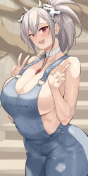 1girl absurdres animal_ears animal_print bare_arms bare_shoulders breasts choker cleavage commentary_request cow_ears cow_horns cow_print dungeon_and_fighter fake_animal_ears fake_horns grey_hair hairband hands_up highres horns jewelry kook korean_commentary large_breasts long_hair looking_at_viewer necklace open_mouth overalls ponytail red_eyes seria_kirmin sideboob smile solo suspenders v white_choker