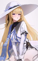 1girl black_gloves blonde_hair blue_gemstone cuffs gem gloves hair_ornament hat highres long_hair neptune_illust pantyhose phoebe_(wuthering_waves) simple_background skirt solo white_background white_hat white_pantyhose white_skirt wuthering_waves x_hair_ornament
