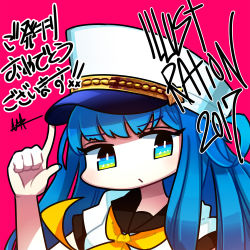 1girl 2017 blue_eyes blue_hair blush hand_up hat illustration.media index_finger_raised long_hair neckerchief no_nose original pink_background shirt short_sleeves simple_background solo white_hat white_shirt yellow_neckerchief yuui_thiigo