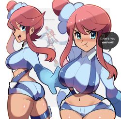 1girl ass blue_boots blue_eyes blue_gloves blue_jacket blue_shorts blush boots breasts closed_mouth crop_top cropped_jacket gloves hair_ornament highres jacket large_breasts long_hair looking_at_viewer midriff navel nintendo one_side_up open_mouth pokemon pokemon_bw pouch pout red_hair shiny_skin short_hair_with_long_locks short_shorts shorts sidelocks skyla_(pokemon) smile solo thigh_pouch touyarokii