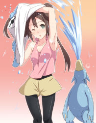 Rule 34 | 10s, 1girl, arm up, armpits, brown hair, double bun, gen 1 pokemon, golduck, green eyes, hair bun, hyakuen raitaa, long hair, nintendo, one eye closed, pantyhose, pantyhose under shorts, pokemon, pokemon (creature), pokemon bw2, rosa (pokemon), shorts, twintails, undressing, water, wink