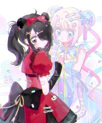 2girls alternate_costume alternate_hairstyle ame-chan_(needy_girl_overdose) animal_ears bear_ears black_bow black_hair blonde_hair blue_dress blue_eyes blue_hair bow bun_cover chinese_clothes chouzetsusaikawa_tenshi-chan closed_mouth cowboy_shot detached_sleeves double_bun dress dual_persona grey_eyes hair_bow hair_bun hair_ornament hair_over_one_eye hand_up highres holding_hands interlocked_fingers long_hair long_sleeves looking_at_viewer looking_back multicolored_hair multiple_girls nass_ye needy_girl_overdose pien_cat_(needy_girl_overdose) pill pink_hair puffy_short_sleeves puffy_sleeves red_bow red_dress short_sleeves smile standing star_(symbol) star_hair_ornament twintails wide_sleeves x_hair_ornament