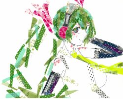 1girl abstract absurdres aqua_eyes armpit_peek closed_mouth collared_shirt commentary_request elbow_gloves from_side gloves green_hair hand_up hatsune_miku headphones highres long_hair looking_at_viewer masking_tape_(medium) mixed_media necktie partial_commentary poncho_(ponpontyo_8) puzzle_(vocaloid) shirt sideways_glance sleeveless sleeveless_shirt smile solo traditional_media twintails unconventional_media upper_body vocaloid white_background white_shirt yellow_necktie
