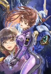 Rule 34 | 1girl, ascot, bodysuit, braid, breasts, brown eyes, brown hair, dual persona, epaulettes, glasses, gundam, gundam wing, highres, lady une, large breasts, lipstick, long hair, looking at viewer, makeup, mecha, mecha pilot suit, military uniform, okrdisk2000, robot, smile, space, standing, wing gundam