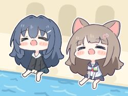 &gt;_&lt; 2girls ai-chan_(misskey.io) animal_ears barefoot black_jacket blue_hair blue_skirt blush_stickers cat_ears cat_girl chibi chibi_only closed_eyes commentary english_commentary fang hair_between_eyes hair_ornament hairclip heart heart_hair_ornament jacket long_hair long_sleeves misskey.io multiple_girls open_mouth school_uniform serafuku shirt short_sleeves sitting skin_fang skirt syuilo_(misskey.io) umihio white_shirt