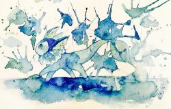 animal_focus blue_eyes full_body gen_1_pokemon nintendo no_humans non_(kumakawayusu) open_mouth painting_(medium) pokemon pokemon_(creature) ripples solo splatter traditional_media vaporeon walking watercolor_(medium)