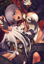 2girls abigail_williams_(fate) abigail_williams_(third_ascension)_(fate) bare_shoulders bb_(fate) bb_(swimsuit_mooncancer)_(fate) bb_(swimsuit_mooncancer)_(third_ascension)_(fate) black_bow black_coat blush bow breasts coat colored_skin corruption dark-skinned_female dark_persona dark_skin deep_skin fate/grand_order fate_(series) fighting gloves grabbing_another&#039;s_breast groping hair_ribbon hat highleg highleg_leotard kaita_(mokamilkcup) keyhole large_breasts leotard long_hair long_sleeves multiple_bows multiple_girls neck_ribbon nyarlathotep open_clothes open_coat open_mouth orange_bow parted_bangs popped_collar possessed possession purple_eyes purple_hair red_eyes red_ribbon ribbon sharp_teeth smile stuffed_toy tan teeth tentacles third_eye very_long_hair white_gloves white_hair white_leotard white_skin yog-sothoth