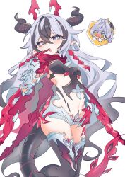 2girls @_@ absurdres black_hair black_horns black_thighhighs blush breasts commentary coralie_6626_planck erdos_helia fang gloves grey_eyes grey_hair highres honkai_(series) honkai_impact_3rd horns long_hair midriff multicolored_hair multiple_girls navel open_mouth pic_p_p pointy_ears red_gloves skindentation small_breasts solo_focus streaked_hair symbol-only_commentary tail thighhighs two-tone_hair very_long_hair yellow_eyes yuri