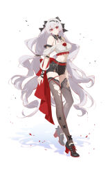 1girl absurdres alternate_costume bare_shoulders black_bow black_collar black_shoes black_shorts black_thighhighs bow breasts chinese_commentary closed_mouth collar commentary_request crop_top earrings full_body hair_bow high-waist_shorts highres honkai_(series) honkai_impact_3rd jewelry large_breasts long_hair looking_at_viewer navel pmg red_eyes shirt shoes shorts simple_background smile solo stomach theresa_apocalypse theresa_apocalypse_(luna_kindred) theresa_apocalypse_(lunar_vow:_crimson_love) thighhighs thighs torn_clothes torn_thighhighs very_long_hair white_background white_hair white_shirt
