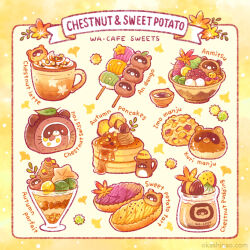 animal-themed_food anmitsu_(dessert) autumn autumn_leaves steamed_bun border bowl cake chestnut coffee cup dango english_text food food_focus fruit glass grapes ice_cream jar leaf maple_syrup matcha_(food) nao_(bestrollever) no_humans original pancake parfait pudding raccoon sanshoku_dango simple_background starfruit sweet_potato swiss_roll tart_(food) teacup wagashi watermark whipped_cream white_background yellow_border