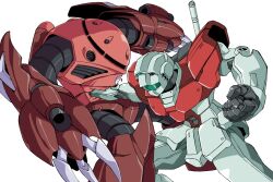 assault_visor clenched_hand commentary_request gm_(mobile_suit) green_visor gundam hogeroh mecha mecha_focus mobile_suit_gundam no_humans punching robot role_reversal scene_reference science_fiction simple_background standing weapon weapon_on_back white_background z&#039;gok z&#039;gok_char_custom