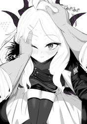 1boy 1girl absurdres ahoge arm_support blue_archive blush buttons closed_mouth coat coat_on_shoulders double-breasted gloves greyscale hageashi hand_on_another&#039;s_face headpat highres hina_(blue_archive) horns jacket long_hair long_sleeves looking_at_viewer monochrome multiple_horns one_eye_closed pov pov_hands sitting skirt smile solo_focus thighhighs