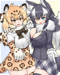 2girls :d alternate_breast_size animal_ear_fluff animal_ears animal_print asymmetrical_docking belt between_breasts black_hair black_jacket black_legwear blazer blonde_hair blue_eyes bow bowtie breast_pocket breast_press breasts brown_bow brown_hair brown_neckwear cat_girl center_frills center_opening cleavage colored_inner_hair elbow_gloves extra_ears fang frills fur_collar fur_scarf gloves grey_hair grey_wolf_(kemono_friends) hair_between_eyes hand_up heterochromia high-waist_skirt highres holding_hands impossible_clothes impossible_shirt interlocked_fingers jacket jaguar_(kemono_friends) jaguar_ears jaguar_girl leopard_print jaguar_tail kemono_friends large_breasts long_hair long_sleeves looking_at_viewer medium_hair microskirt miniskirt mo23 multicolored_hair multiple_girls necktie necktie_between_breasts open_mouth paw_pose plaid_clothes plaid_neckwear plaid_skirt pleated_skirt pocket pointing pointing_at_viewer print_gloves print_legwear print_neckwear print_scarf print_skirt scarf shirt short_sleeves sidelocks skindentation skirt smile tail thighhighs white_gloves white_hair white_shirt wolf_ears wolf_girl wolf_tail yellow_eyes zettai_ryouiki