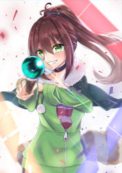 Rule 34 | 1girl, absurdres, black choker, blurry, blurry foreground, blush, brown hair, capelet, choker, floating hair, fur-trimmed capelet, fur trim, green capelet, green eyes, green jacket, grin, hair between eyes, highres, holding, holding staff, jacket, kono subarashii sekai ni shukufuku wo!, lean (konosuba), long hair, long sleeves, partially unzipped, ponytail, sarasara shoyu, smile, solo, sparkle, staff, upper body, very long hair, zipper