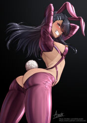 1girl adsouto animal_ear_hairband animal_ears arms_up ass asymmetrical_bangs black_hair breasts butt_crack fake_animal_ears fake_tail grin hair_ornament hairband hairclip highres ijiranaide_nagatoro-san long_hair medium_breasts meme_attire nagatoro_hayase rabbit_ear_hairband rabbit_ears rabbit_tail reverse_bunnysuit reverse_outfit shrug_(clothing) signature smile solo standing tail tan variant_set yellow_eyes