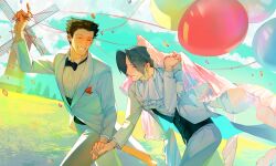 2boys ace_attorney arm_up ascot balloon breast_pocket brown_hair ccxql99 closed_eyes cloud collared_shirt commentary couple curtained_hair dress_shirt formal_clothes grey_hair grin hair_slicked_back hashtag-only_commentary highres holding holding_balloon holding_hands holding_veil index_finger_raised jacket lapels layered_sleeves long_sleeves male_focus miles_edgeworth mountain multiple_boys outdoors pants phoenix_wright pocket pocket_square running shirt short_hair sky smile suit suit_jacket teeth tree veil wedding white_ascot white_pants white_shirt white_suit windmill wing_collar yaoi