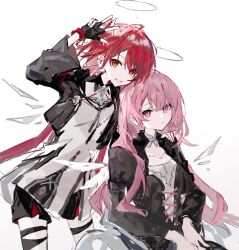 2girls arknights black_jacket exusiai_(arknights) exusiai_the_new_covenant_(arknights) halo highres jacket lemuen_(arknights) long_hair looking_at_viewer motoharu_(motoharuuuu) multiple_girls official_alternate_costume official_alternate_hairstyle pink_eyes pink_hair red_hair siblings simple_background sisters thighhighs thighs wheelchair white_background white_thighhighs yellow_eyes