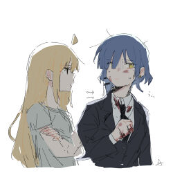 2girls ahoge black_suit blonde_hair blood blood_on_clothes blood_on_face blood_on_hands blue_hair bocchi_the_rock! bruise bruise_on_face crossed_arms formal_clothes hair_down hair_ornament hairclip ijichi_nijika injury long_hair multiple_girls raven_(099stardive) red_eyes shirt short_hair signature suit sweat white_background white_shirt yamada_ryo yellow_eyes