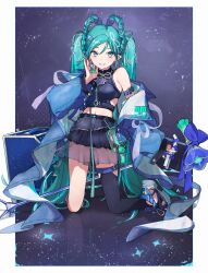 Rule 34 | 1girl, absurdres, aqua hair, aqua nails, arm at side, arm belt, asymmetrical clothes, asymmetrical skirt, belt, black skirt, black thighhighs, blue belt, blue bow, border, bow, braid, braided hair rings, breasts, buttoned cuffs, buttons, clothing cutout, constellation hair ornament, crop top, dark background, denim, denim jacket, denim skirt, dot nose, ear piercing, earrings, fingernails, full body, grey eyes, hair ornament, hair rings, hairclip, halftone, halftone background, hand on own face, hand up, hatsune miku, heart, heart earrings, highres, holding, holding microphone stand, holographic clothing, jacket, jacket partially removed, jewelry, kneeling, light blush, long eyelashes, looking at viewer, magical mirai (vocaloid), magical mirai miku, magical mirai miku (2025), microphone stand, midriff, navel, open clothes, open jacket, outside border, parted lips, pearl hair ornament, piercing, platform sandals, pleated skirt, ribbon hair, sae85462599, sandals, see-through clothes, see-through skirt, side cutout, sidelocks, simple background, single bare shoulder, single earring, single thighhigh, skirt, sky, small breasts, smile, solo, sparkle, sparkle background, star (sky), star (symbol), star hair ornament, starry sky, swept bangs, tareme, tassel, tassel earrings, thigh belt, thigh strap, thighhighs, twintails, two-sided fabric, two-sided jacket, vocaloid, white border, wispy bangs, zipper, zipper top