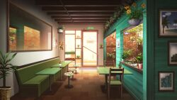 booth_seating brick_wall english_text fern glass_door glowing hanging_plant hanging_sign haze highres indoors mirror no_humans non-web_source official_art our_life:_beginnings_and_always photo_(object) plant potted_plant reflective_surface scenery shop sign stool sunset table tile_floor tiles variant_set window wooden_chair wooden_table wooden_wall