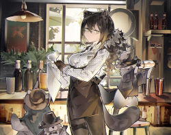 1girl absurdres adapted_costume animal_ears animal_hands arknights bartender black_necktie black_pantyhose bottle breasts brown_hair ceiling_light collared_shirt cowboy_shot cup grey_hair hair_between_eyes hanging_light highres holding holding_cup id_card indoors jumbowhopper long_hair medium_breasts mixer_(cooking) necktie pantyhose ponytail raccoon raccoon_ears raccoon_girl raccoon_tail robin_(arknights) shirt sidelocks solo tail undone_necktie white_shirt wiping yellow_eyes