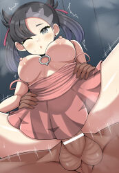 1boy 1girl ;o alternate_eye_color asymmetrical_bangs bar_censor black_hair breasts censored clothed_female_nude_male clothed_sex clothes_pull creatures_(company) dress dress_pull earrings from_below game_freak grey_eyes hair_ribbon hetero jewelry looking_down marnie_(pokemon) masa_masa medium_breasts nintendo nipples nude one_eye_closed penis pink_dress pokemon pokemon_swsh reverse_upright_straddle ribbon sex sex_from_behind single_earring spread_legs sweat testicles textless_version twintails undercut