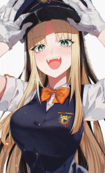 1girl absurdres alternate_costume black_hair blonde_hair blue_eyes blue_hat blue_vest bow bowtie braid breasts commentary commentary_request fangs gloves hat highres hololive hololive_dev_is klai koganei_niko long_hair looking_at_viewer multicolored_hair open_mouth orange_bow orange_bowtie peaked_cap shirt simple_background slit_pupils solo streaked_hair teeth upper_teeth_only vest virtual_youtuber white_background white_gloves white_shirt