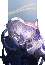2girls absurdres aglaea_(honkai:_star_rail) animal_ears animal_hood blonde_hair breasts cat_ears cat_girl cat_hood cat_tail cipher_(honkai:_star_rail) commentary dress grey_hair highres holding_hands honkai:_star_rail honkai_(series) hood large_breasts multiple_girls oekakidekinai1 open_mouth short_hair short_hair_with_long_locks smile symbol-only_commentary tail thread two-tone_background white_dress