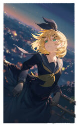 1girl 503404330 black_bow black_hairband black_sailor_collar black_serafuku black_shirt black_skirt blonde_hair border bow bow_hairband green_eyes hair_bow hair_ornament hairband hairclip head_tilt highres kagamine_rin lens_flare long_skirt long_sleeves neckerchief night outdoors parted_lips sailor_collar sailor_shirt school_uniform serafuku shirt short_hair skirt solo vocaloid white_border yellow_neckerchief