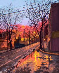 absurdres autumn blue_sky building car cloud evening fangpeii highres lamppost motor_vehicle no_humans original power_lines road scenery sky tree urban