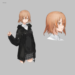 Rule 34 | 1girl, black hoodie, black skirt, brown eyes, brown hair, eins (heavily armed high school girls), grey background, heavily armed high school girls, hood, hood down, hoodie, multicolored hair, multiple views, neco, original, parted lips, pleated skirt, short hair, skirt, streaked hair, wing collar