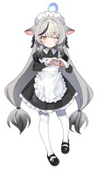 1girl absurdres animal_ears apron blue_archive blue_halo blush closed_mouth daredattakke grey_hair halo highres kokona_(blue_archive) long_hair looking_at_viewer maid maid_apron maid_headdress pantyhose shoes skirt smile solo white_apron white_background white_pantyhose yellow_eyes