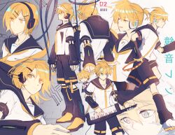 !? ahoge aqua_eyes bass_clef black_sailor_collar black_shorts black_sleeves blonde_hair cable circuit_board detached_sleeves gradient_background hair_ornament hairclip hand_on_headphones hand_on_own_ear headphones headset hikusa holding holding_instrument instrument kagamine_len kagamine_len_(if) keytar multiple_views music musical_note musical_note_print necktie ponytail power_symbol-shaped_pupils sailor_collar shirt shoes short_ponytail short_sleeves shorts singing sneakers spiked_hair straight_hair swept_bangs symbol-shaped_pupils vocaloid wavy_hair white_shirt yellow_eyes yellow_necktie yellow_shoes