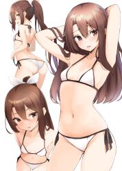 1girl ass bikini blush breasts brown_eyes butt_crack collarbone high_ponytail highres kantai_collection long_hair looking_at_viewer open_mouth ponytail small_breasts smile solo swimsuit white_bikini zarashi zuihou_(kancolle)