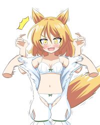 1girl animal_ears blonde_hair blush fox_ears fox_girl fox_tail green_ribbon hands_up highres kudamaki_tsukasa medium_hair navel open_mouth panties ribbon romper surprised tail torn_clothes touhou underwear white_panties white_romper yellow_eyes zenji029