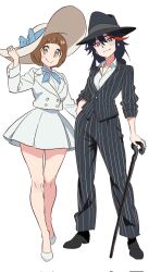 2girls black_hair black_shoes black_suit blue_bow blue_eyes blue_ribbon blush bow breasts brown_hair buttons cane collared_shirt dress fedora formal_clothes gold_buttons hat highres jacket kill_la_kill kitten_heels lapels looking_at_viewer mankanshoku_mako matoi_ryuuko multicolored_hair multiple_girls pants pinstripe_pattern pinstripe_suit pleated_skirt ribbon shirt shoes short_hair sisi_am1011 skirt sleeve_cuffs smile sneakers socks streaked_hair suit sun_hat thighs white_background white_dress white_jacket white_shoes