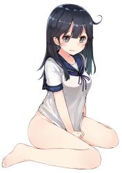 10s 1girl bad_feet barefoot black_eyes black_hair blush bottomless collarbone covering_crotch covering_privates embarrassed female_focus full_body highres kadokawa_shoten kantai_collection kou_mashiro long_hair looking_at_viewer naked_shirt no_panties school_uniform serafuku shirt shirt_tug short_sleeves simple_background sitting solo tears ushio_(kancolle) wariza white_background