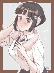 Rule 34 | black hair, braid, braided bun, breasts, brown background, brown eyes, drying, hair bun, hair ornament, hairclip, highres, kantai collection, medium breasts, myoukou (kancolle), myoukou kai ni (kancolle), pencil skirt, shirt, single hair bun, skirt, towel, towel around neck, upper body, wakakohime moe, white background, white shirt