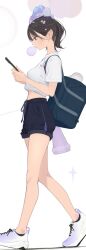 1girl ama_mitsuki bag bare_legs black_hair black_shorts breasts cellphone chewing_gum commentary_request detached_sleeves from_side highres holding holding_phone legs midriff original phone profile purple_sleeves school_bag shirt shoes short_hair short_shorts short_sleeves shorts small_breasts smartphone sneakers solo thighs tied_shirt walking white_background white_shirt white_shoes