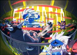 Rule 34 | battle, bird, blolo, blonde hair, blue hoodie, blue shirt, clenched hands, closed eyes, commentary request, digimon, digimon (creature), digimon adventure: (2020), episode number, falcomon, fighting, gender request, highres, hood, hoodie, horns, leomon, lion, long hair, minotaurmon, open mouth, owl, shirt, shuriken, spadamon, taurus (symbol), troopmon, weapon, white hair, yellow eyes