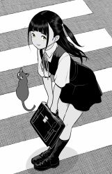 1girl absurdres aged_down bag black_dress black_hair black_socks briefcase chito_(flying_witch) collared_shirt commentary dress dress_shirt flying_witch from_above green_eyes greyscale highres ishizuka_chihiro kowata_makoto leaning_forward loafers long_hair looking_at_viewer monochrome neck_ribbon official_art pinafore_dress ribbon school_bag school_uniform shirt shoes short_sleeves sideways_glance sleeveless_dress smile socks solo straight_hair thick_eyebrows white_shirt