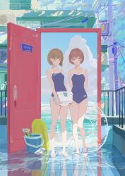 2girls alternate_costume bandaid bandaid_on_face bare_legs bare_shoulders beach blue_sky breasts brown_eyes brown_hair bucket cable cloud cloudy_sky competition_school_swimsuit condenser_unit dappled_sunlight door_handle expressionless falling_leaves girls&#039;_frontline hair_ornament highres holding holding_swim_ring innertube kickboard leaf lock multiple_girls open_door portal_(object) power_lines railing sand sandals scenery school_swimsuit shallow_water short_hair shovel sky smile standing straight_hair sunlight swim_ring swimsuit tile_floor tiles tool_kit transformer transparent_innertube tree tree_shade ump45_(girls&#039;_frontline) ump9_(girls&#039;_frontline) utility_pole wading water white_sandals window xilmo