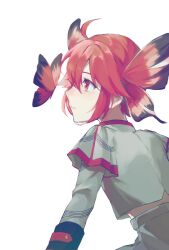 1girl absurdres ahoge black_sleeve_cuffs blush bug butterfly butterfly_hair_ornament character_profile closed_mouth expressionless from_behind grey_jacket grey_skirt hair_between_eyes hair_ornament highres insect jacket kasane_teto kasane_teto_(sv) layered_sleeves looking_at_animal midriff_peek profile red_eyes red_trim ririansaguru shoulder_boards simple_background skirt skirt_set solo synthesizer_v transparent_background utau