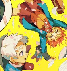 1girl 2boys black_hair blue_jacket brown_skirt brown_vest emma_(yakusoku_no_neverland) falling green_eyes hair_over_one_eye hat highres jacket long_sleeves multiple_boys necktie norman_(yakusoku_no_neverland) open_mouth paper qin_(7833198) ray_(yakusoku_no_neverland) red_ribbon ribbon shirt short_hair skirt unworn_hat unworn_headwear vest white_hair white_shirt yakusoku_no_neverland yellow_background