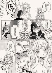 1girl 2boys @_@ blush braid character_hat embarrassed fang full-face_blush gardevoir gen_3_pokemon gen_7_pokemon gloves greyscale hairband highres long_hair looking_at_another male_focus mimikyu monochrome multiple_boys nintendo open_mouth personification pokemon primarina short_hair smile speech_bubble star_(symbol) star_in_eye symbol_in_eye translation_request yuzu_ichika