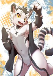 1boy absurdres animal_ears artist_name blush cat_boy cat_ears cat_tail commentary_request fang furry furry_male gintan grey_vest highres looking_at_viewer male_focus navel no_pants no_penis open_mouth original raijin_(shinobidx) tail vest yellow_eyes