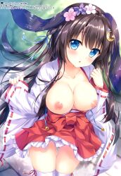 absurdres ameto_yuki animal_ears black_hair blue_eyes blush breasts cameltoe cleavage clothes_lift flower hair_flower hair_ornament hakama hakama_skirt highres japanese_clothes large_breasts long_hair miko nipples no_bra noir_(ameto_yuki) original panties ribbon-trimmed_sleeves ribbon_trim shy skirt skirt_lift thighhighs underwear white_thighhighs wide_sleeves